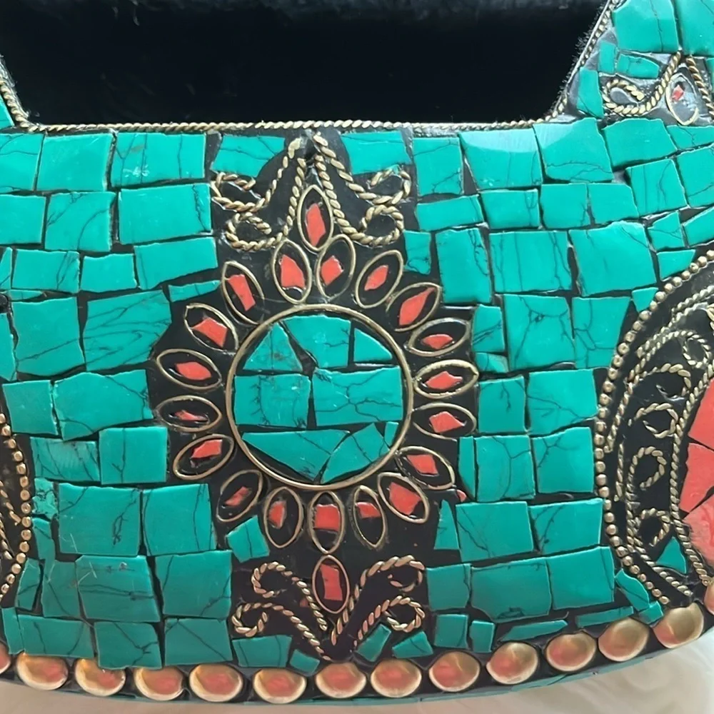 🆕 RAMLA Handmade Moroccan Turquoise Tile Mosaic Clutch Crossbody Bag Gold Chain
